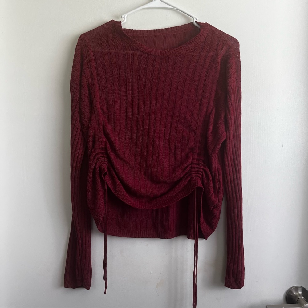 Drawstring front rib-knit solid sweater - Picture 3 of 4